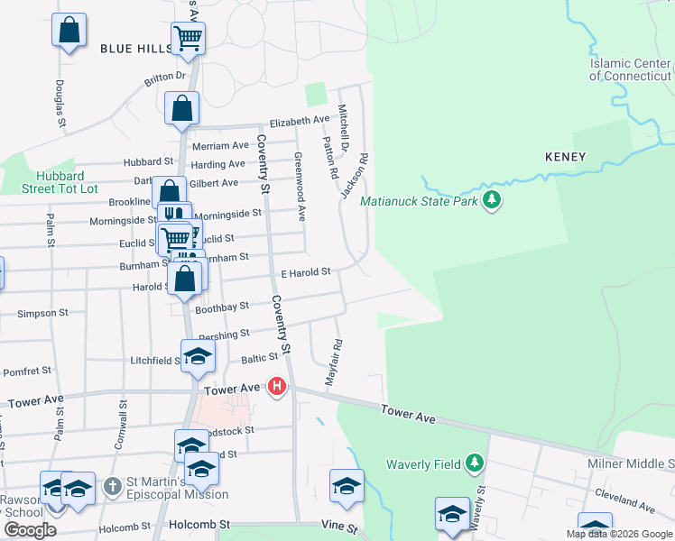 map of restaurants, bars, coffee shops, grocery stores, and more near 108 E Harold St in Bloomfield