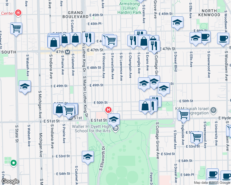 map of restaurants, bars, coffee shops, grocery stores, and more near 4925 South Forrestville Avenue in Chicago