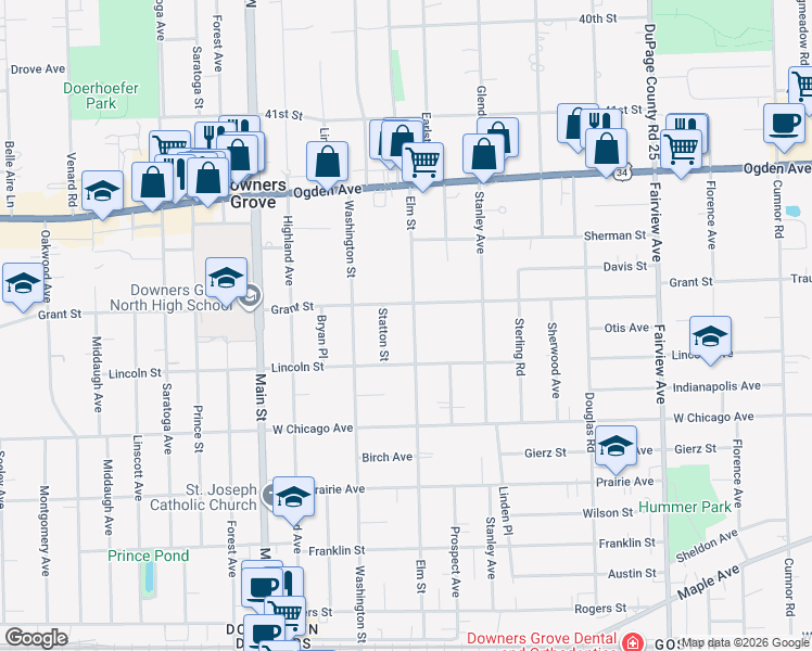 map of restaurants, bars, coffee shops, grocery stores, and more near 4512 Elm Street in Downers Grove