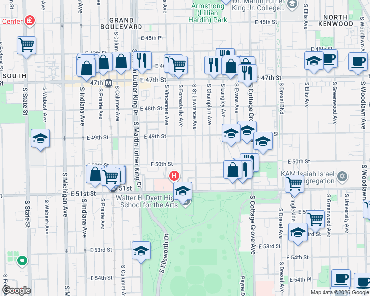 map of restaurants, bars, coffee shops, grocery stores, and more near 4925 South Forrestville Avenue in Chicago