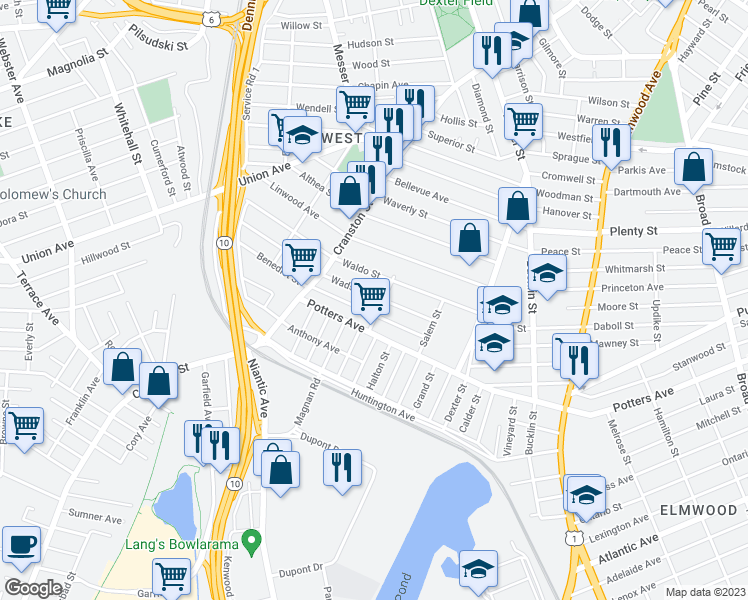 map of restaurants, bars, coffee shops, grocery stores, and more near 102 Wadsworth Street in Providence