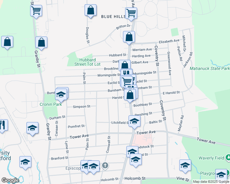 map of restaurants, bars, coffee shops, grocery stores, and more near 39 Burnham Street in Hartford