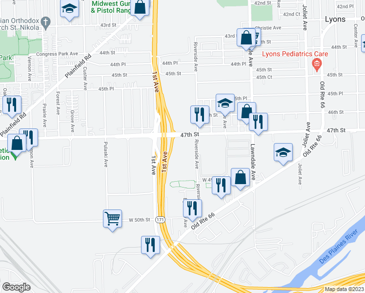 map of restaurants, bars, coffee shops, grocery stores, and more near 8201 West 47th Street in McCook