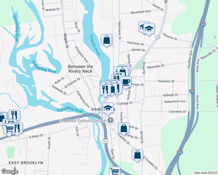 map of restaurants, bars, coffee shops, grocery stores, and more near 12 Water Street in Killingly