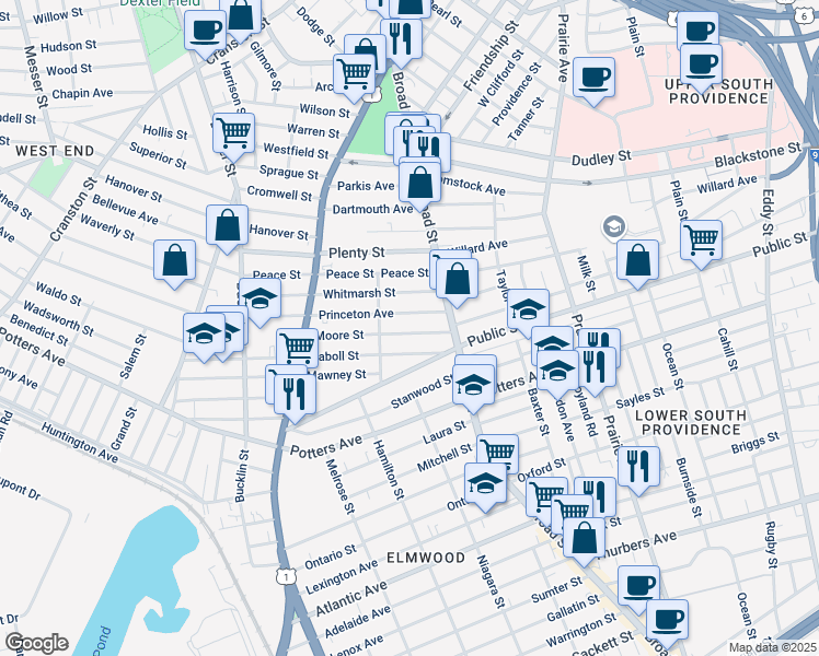 map of restaurants, bars, coffee shops, grocery stores, and more near 37 Moore Street in Providence