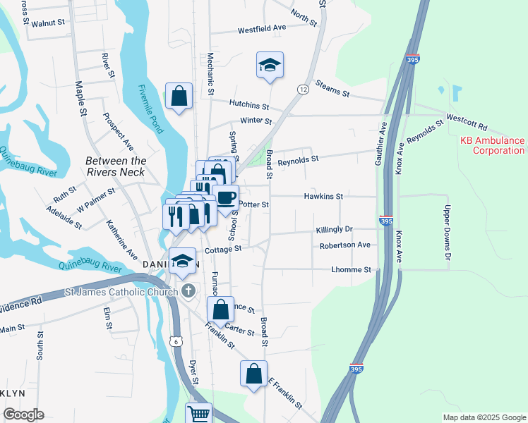 map of restaurants, bars, coffee shops, grocery stores, and more near 219 Broad Street in Killingly