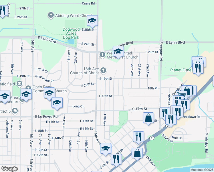 map of restaurants, bars, coffee shops, grocery stores, and more near 1816 17th Avenue in Sterling