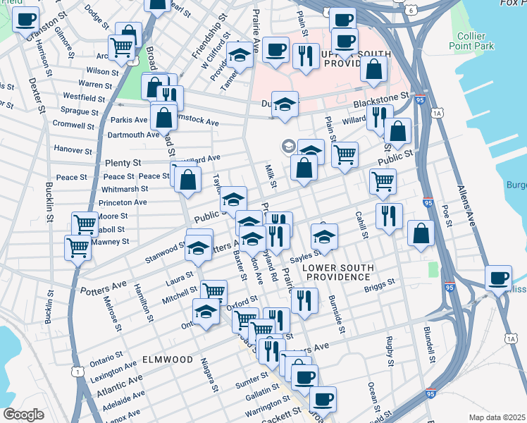 map of restaurants, bars, coffee shops, grocery stores, and more near 335 Prairie Avenue in Providence
