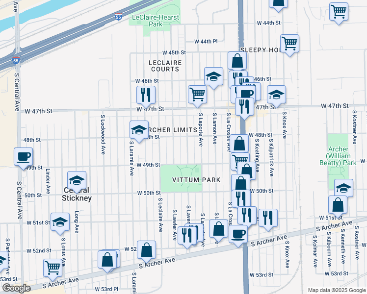 map of restaurants, bars, coffee shops, grocery stores, and more near 4822 South Lavergne Avenue in Chicago