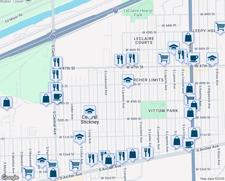 map of restaurants, bars, coffee shops, grocery stores, and more near 4816 Latrobe Avenue in Chicago