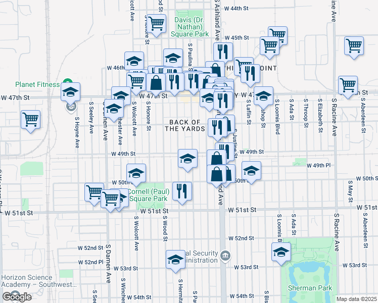 map of restaurants, bars, coffee shops, grocery stores, and more near 4858 South Paulina Street in Chicago