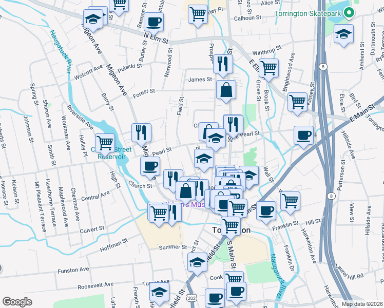 map of restaurants, bars, coffee shops, grocery stores, and more near 54 Prescott Street in Torrington