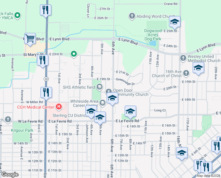 map of restaurants, bars, coffee shops, grocery stores, and more near 1811 6th Avenue in Sterling