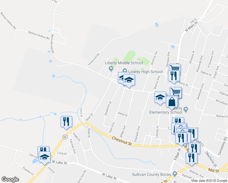 map of restaurants, bars, coffee shops, grocery stores, and more near 13 Pinehurst Drive in Liberty