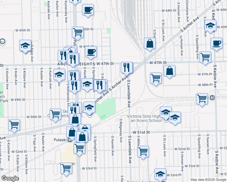 map of restaurants, bars, coffee shops, grocery stores, and more near 4857 South Hamlin Avenue in Chicago