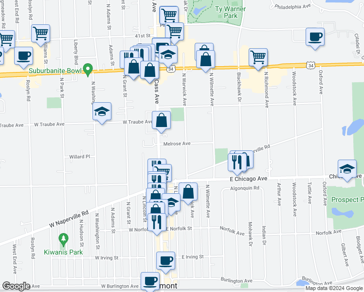 map of restaurants, bars, coffee shops, grocery stores, and more near 364 North Warwick Avenue in Westmont