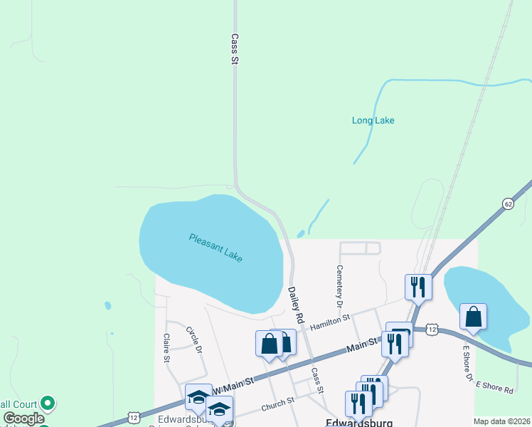 map of restaurants, bars, coffee shops, grocery stores, and more near 68418 Dailey Road in Edwardsburg