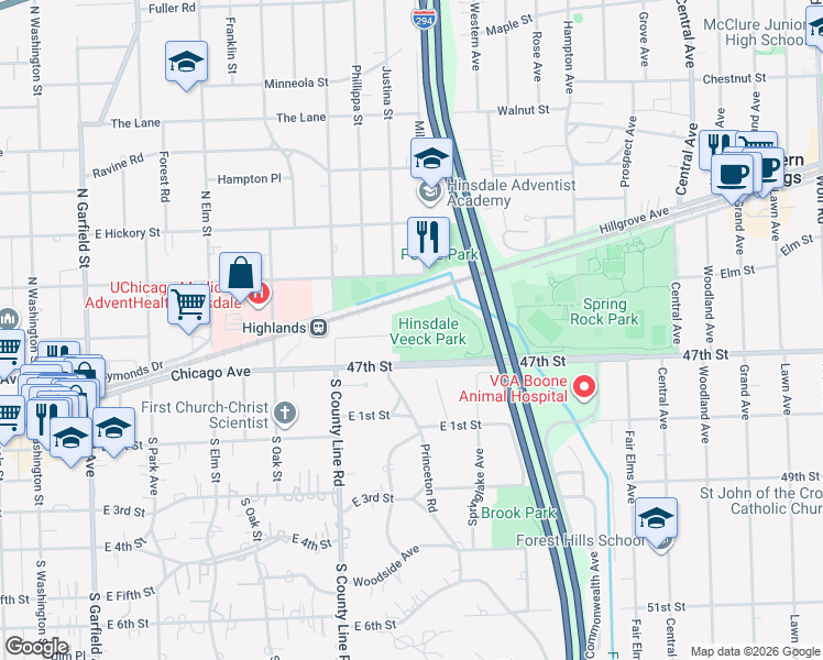 map of restaurants, bars, coffee shops, grocery stores, and more near 617 Chicago Avenue in Hinsdale
