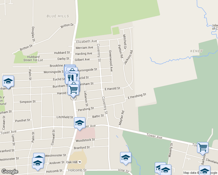 map of restaurants, bars, coffee shops, grocery stores, and more near 96 East Harold Street in Bloomfield