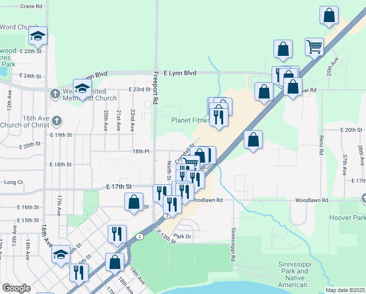 map of restaurants, bars, coffee shops, grocery stores, and more near 2410 Merrill Street in Sterling