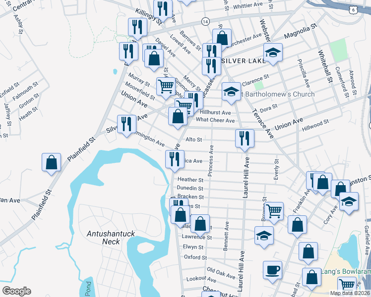 map of restaurants, bars, coffee shops, grocery stores, and more near 190 Farmington Avenue in Cranston