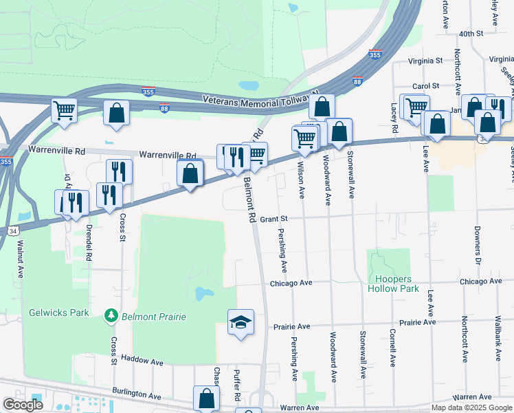 map of restaurants, bars, coffee shops, grocery stores, and more near 4436 Belmont Road in Downers Grove