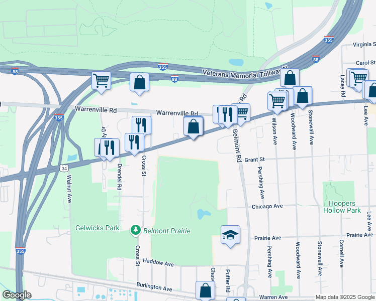 map of restaurants, bars, coffee shops, grocery stores, and more near 2343 Ogden Avenue in Downers Grove