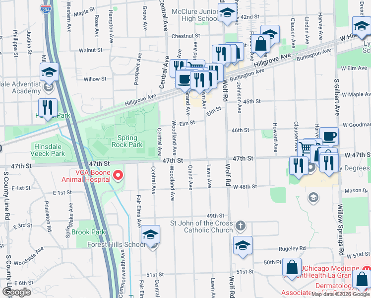 map of restaurants, bars, coffee shops, grocery stores, and more near 4633 Grand Avenue in Western Springs