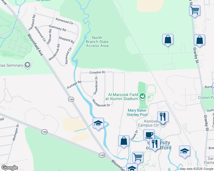 map of restaurants, bars, coffee shops, grocery stores, and more near 32 Alderwood Drive in West Hartford