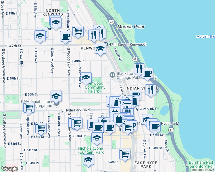 map of restaurants, bars, coffee shops, grocery stores, and more near 4926 South Blackstone Avenue in Chicago
