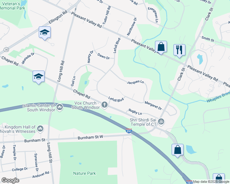 map of restaurants, bars, coffee shops, grocery stores, and more near 201 Margaret Drive in South Windsor