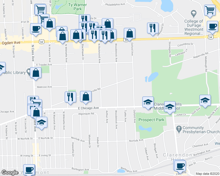 map of restaurants, bars, coffee shops, grocery stores, and more near 435 East Naperville Road in Clarendon Hills