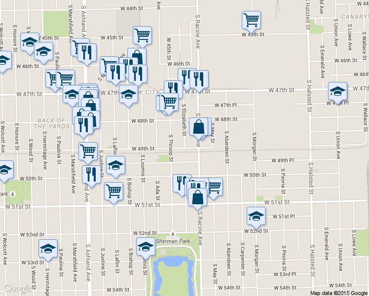map of restaurants, bars, coffee shops, grocery stores, and more near 1230 West 49th Street in Chicago