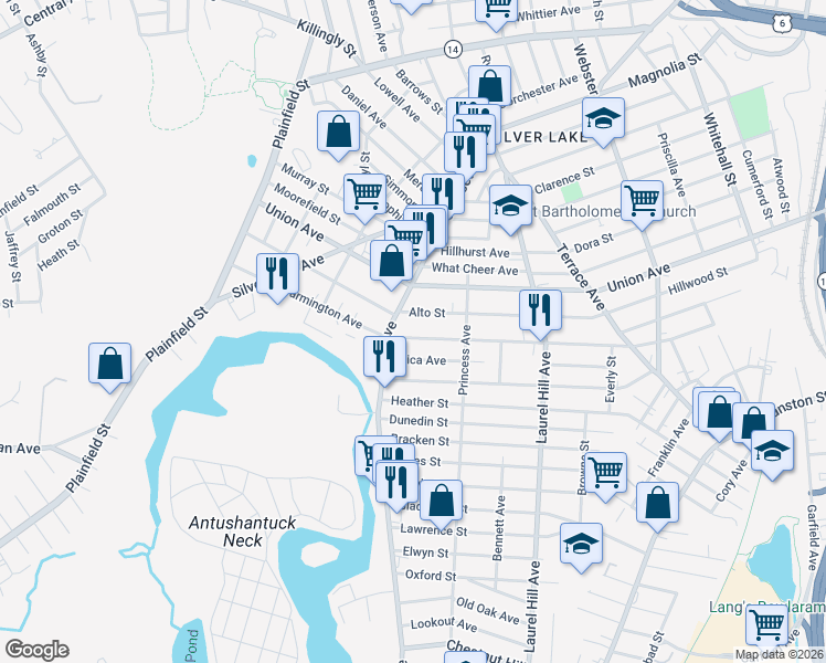 map of restaurants, bars, coffee shops, grocery stores, and more near 190 Farmington Avenue in Cranston