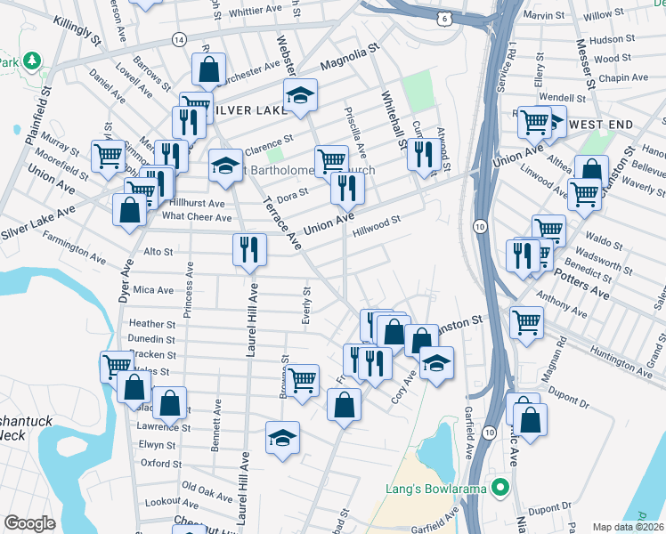 map of restaurants, bars, coffee shops, grocery stores, and more near 90 Bailey Street in Cranston