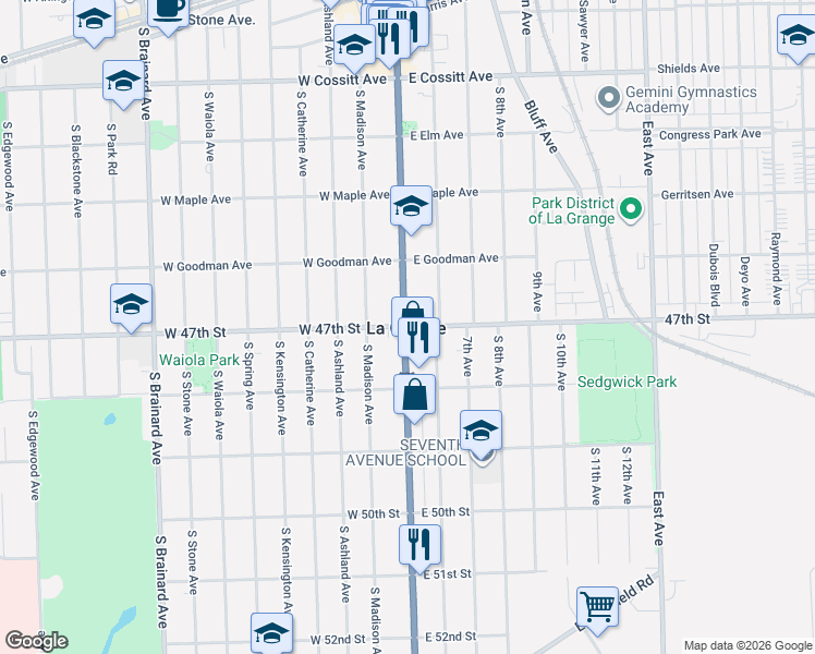 map of restaurants, bars, coffee shops, grocery stores, and more near  in La Grange