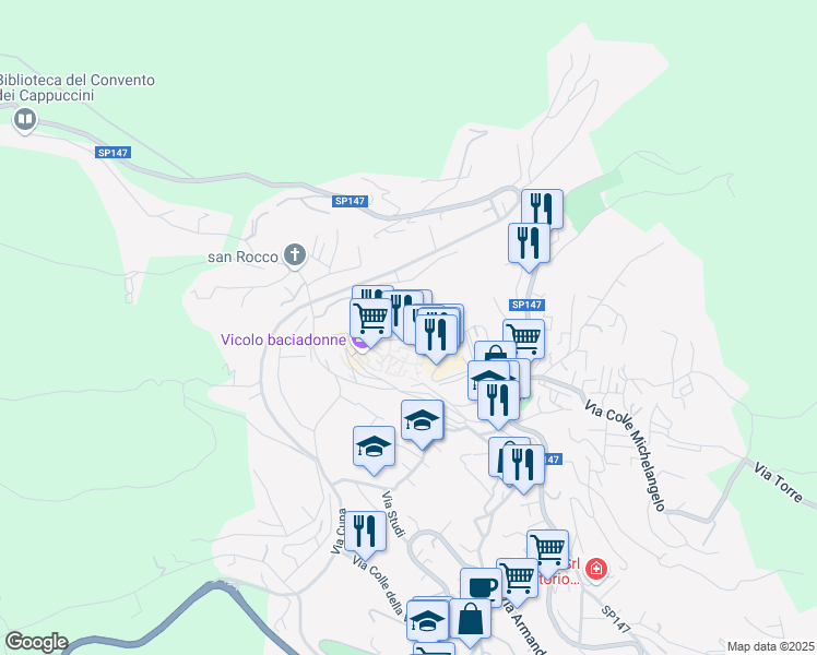 map of restaurants, bars, coffee shops, grocery stores, and more near Via Giovanni Giolitti in Fiuggi