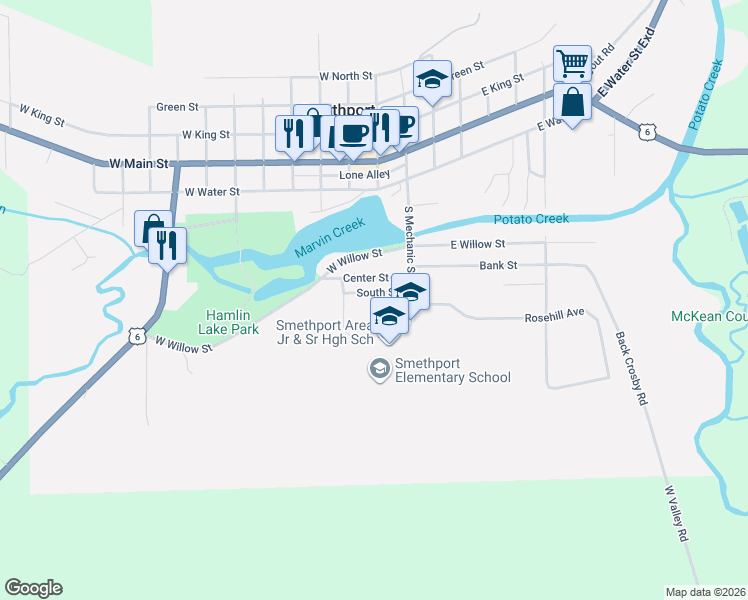 map of restaurants, bars, coffee shops, grocery stores, and more near 1-31 South Street in Smethport