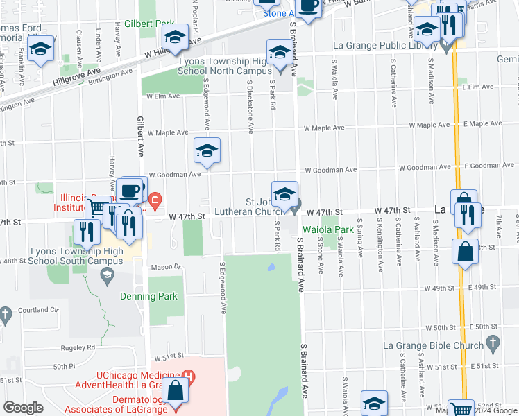 map of restaurants, bars, coffee shops, grocery stores, and more near 443 Blackstone Avenue in La Grange