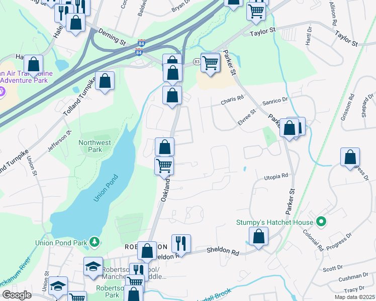 map of restaurants, bars, coffee shops, grocery stores, and more near 337 Oakland Street in Manchester