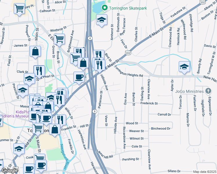 map of restaurants, bars, coffee shops, grocery stores, and more near 35 Patterson Street in Torrington