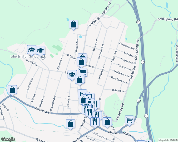 map of restaurants, bars, coffee shops, grocery stores, and more near 9 Columbia in Liberty