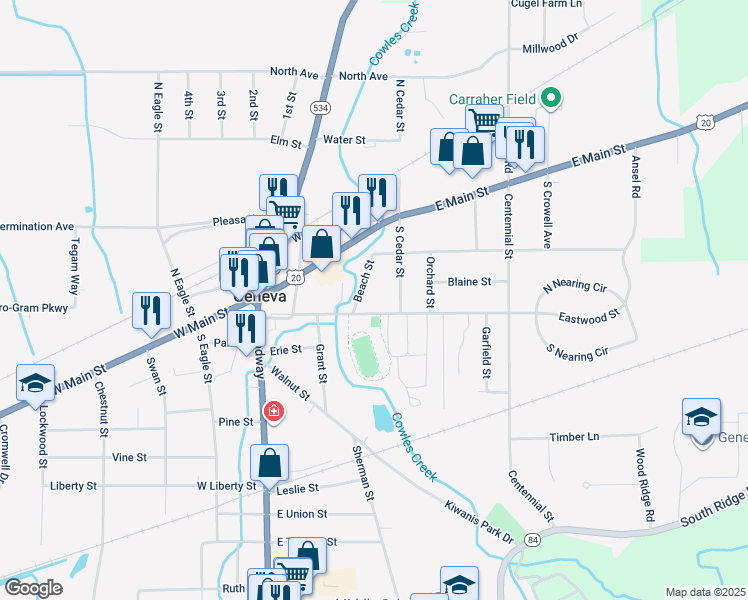 map of restaurants, bars, coffee shops, grocery stores, and more near 259 Eastwood Street in Geneva