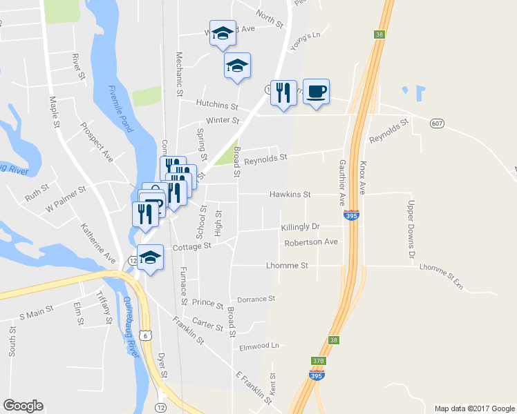 map of restaurants, bars, coffee shops, grocery stores, and more near 25 Joan Street in Killingly