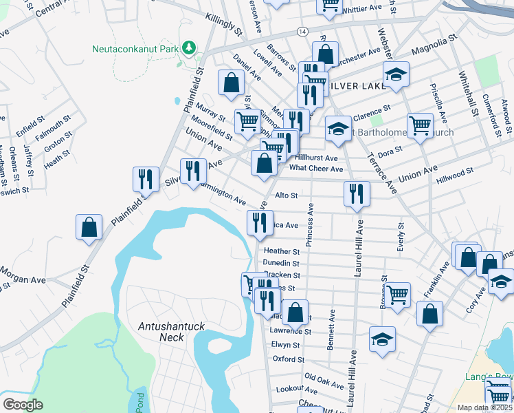 map of restaurants, bars, coffee shops, grocery stores, and more near 158 Farmington Avenue in Cranston