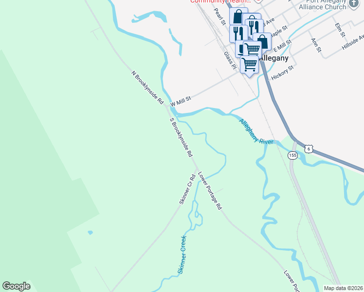 map of restaurants, bars, coffee shops, grocery stores, and more near 119-199 South Brooklynside Road in Port Allegany