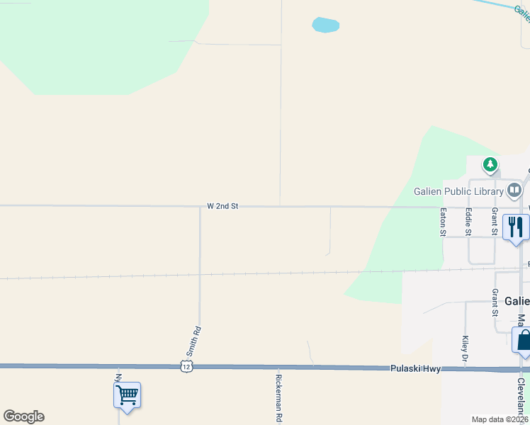 map of restaurants, bars, coffee shops, grocery stores, and more near 2486 West 2nd Street in Galien