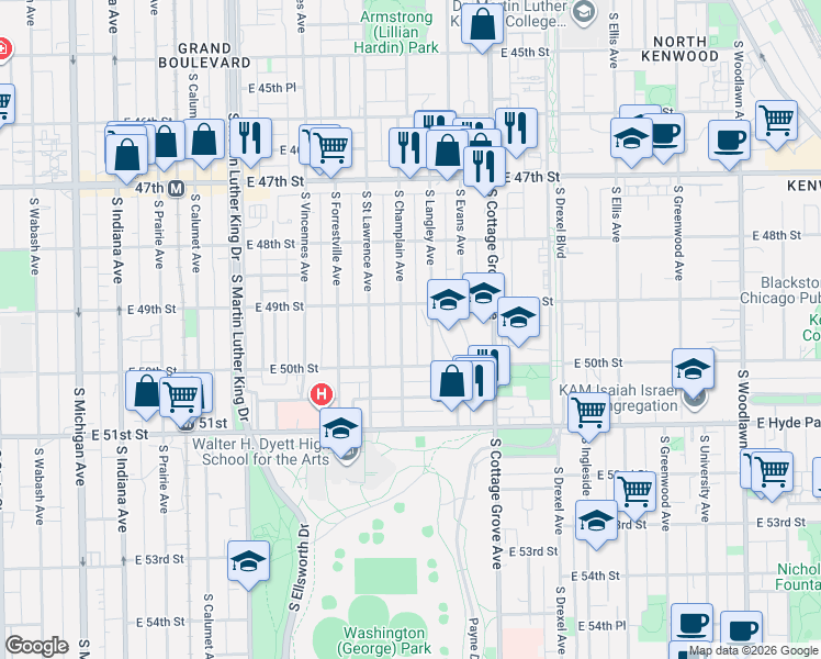 map of restaurants, bars, coffee shops, grocery stores, and more near 4926 South Champlain Avenue in Chicago