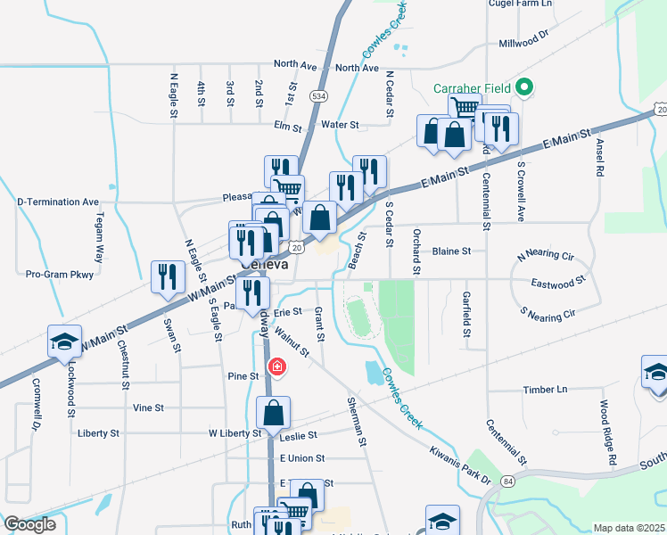 map of restaurants, bars, coffee shops, grocery stores, and more near 112 Van Epps Avenue in Geneva