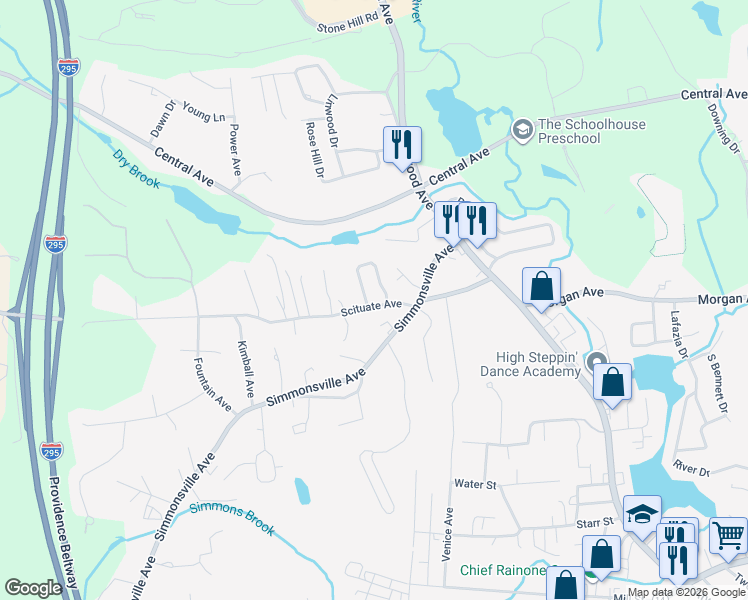map of restaurants, bars, coffee shops, grocery stores, and more near 65 Scituate Ave in Johnston